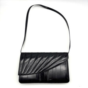 Vintage 70s Korean Black Eel Skin Leather Clutch Shoulder Bag Purse 10.5x6.5"